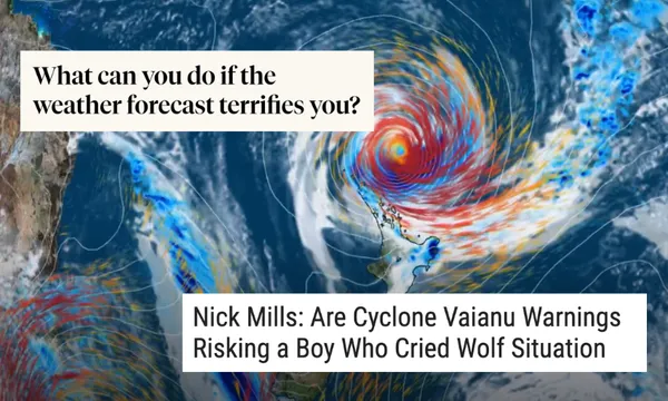 two headlines, one about severe weather warnings and another questioning them, overlaid on a weather forecast of a storm