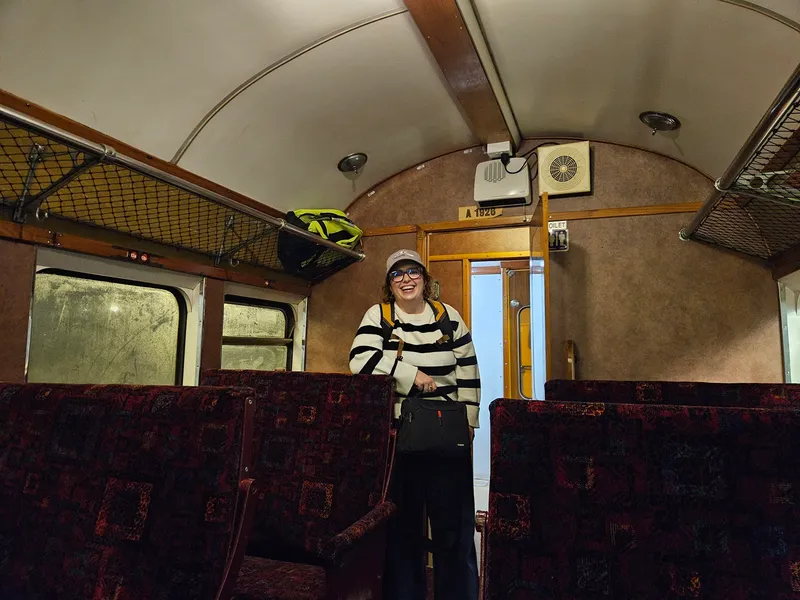 A person wearing a striped sweater, hat, and glasses stands smiling inside an old train carriage with red patterned seats and luggage racks. A green bag sits on the rack above the person.