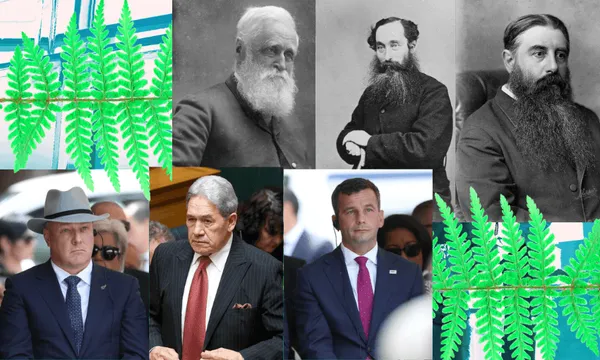 A collage of three black-and-white portraits of men with beards at the top, and three color photos of men in suits at the bottom, overlaid with green fern leaves.