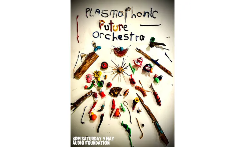 A poster for a musician called Plastophonic Future Orchestra. The poster has a lot of femo/plastercine figures arranged in an explosive pattern.