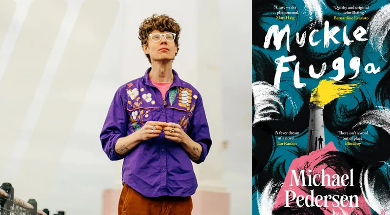 A photo of poet Michael Pedersen who is wearing a purple shirt and glasses. Next to him is the cover of his book, Muckle Flugga.