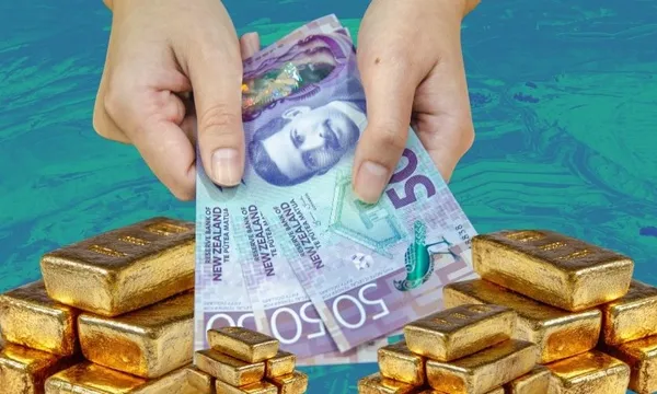 A pair of hands holding New Zealand banknotes above stacks of gold bars, with a blue abstract background.