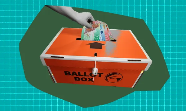A hand inserts several colorful banknotes into an orange ballot box with a lock, set against a teal grid-patterned background.