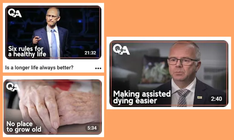 A collage of three video thumbnails: a man speaking with the title “Six rules for a healthy life”, elderly hands holding with “No place to grow old”, and a man in glasses with “Making assisted dying easier.”.
