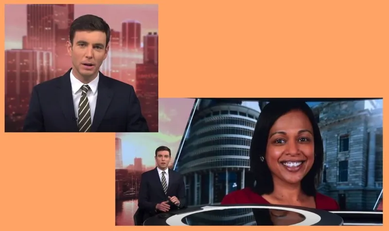 A news anchor in a suit speaks in a studio, with cityscape backgrounds in both frames. In the lower frame, a large screen shows a smiling woman with dark hair next to the anchor.