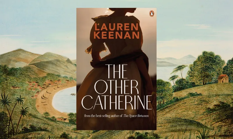 An historic painting of an Aotearoa beach overlaid with the cover of The Other Catherine by Lauren Keenan.