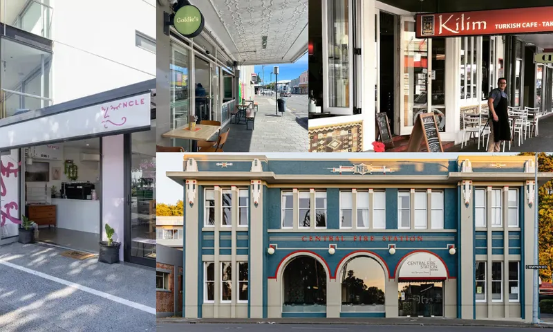 A collage of cafe and restaurant frontages in Napier, New Zealand