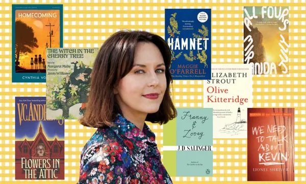a woman with shoulder length brown hair and a floral blouse stares at the camera surrounded by a collage of book titles with maternal central characters