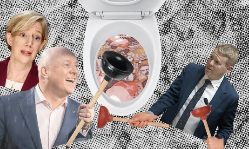 A collage showing three people holding plungers around a toilet bowl filled with Canadian money. The background is black and white, and the people appear to be discussing or reacting to the situation.