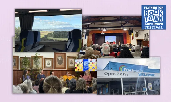 A collection of photos of crowded panel events and local shopfronts in Featherston, overlaid on a pink background