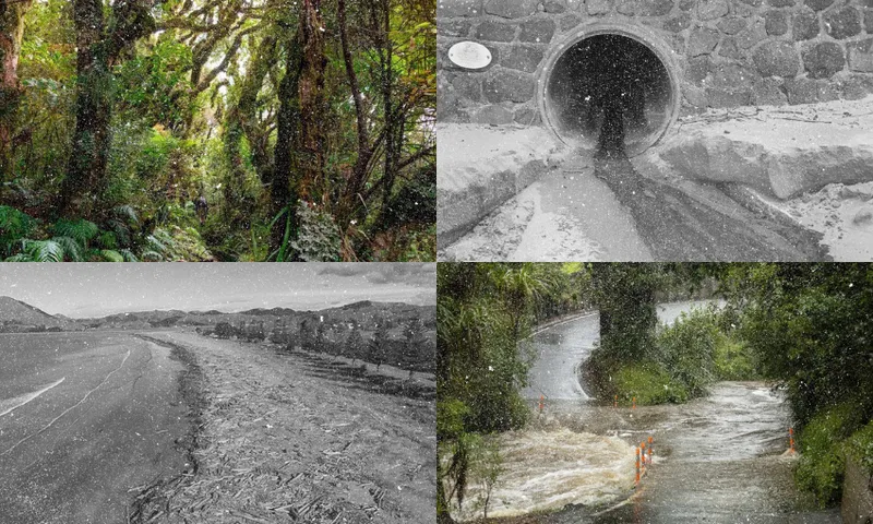 A four-part collage shows rainfall in a forest, water flowing from a tunnel, flooding over a road, and water rushing down a curved road lined with trees.