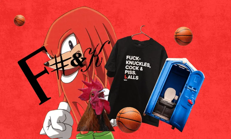 A collage with Knuckles from Sonic, flying basketballs, a black shirt with explicit text, a crowing rooster, a blue portable toilet, black censored symbols, all against a red background.