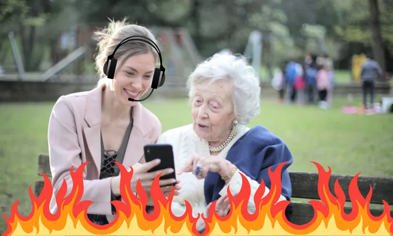 a middle aged woman shows her phone to an older woman on a park bench. a graphic of flames is laid over top