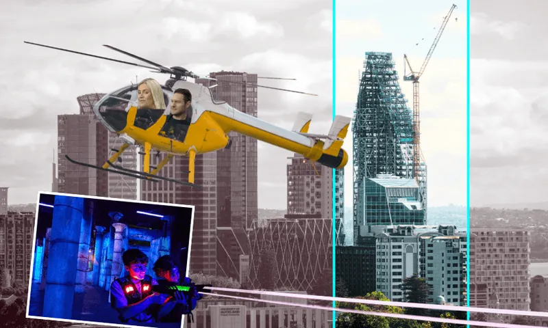 A yellow helicopter with a man and woman inside flies over a grayscale city skyline. Below, an inset shows two people playing laser tag in a neon-lit indoor arena. A tall glass building and crane are visible in the background.
