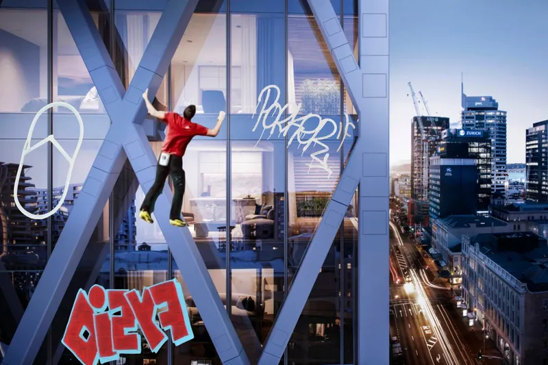 An imagining of Alex Honnold climbing a grafitti-tagged Seascape tower