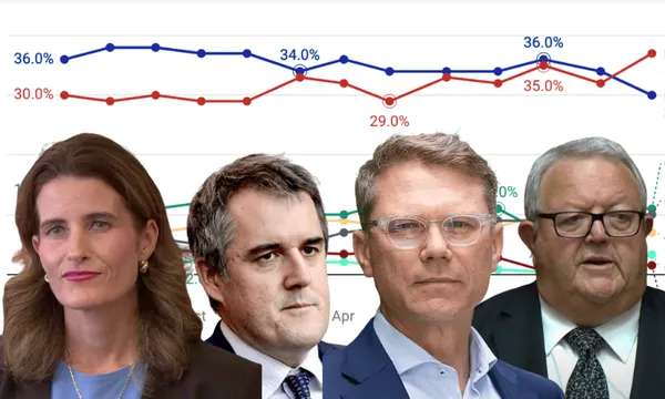 four politicians in suits - one woman, three men – stare sombrely ahead, with a political polling graph in the background