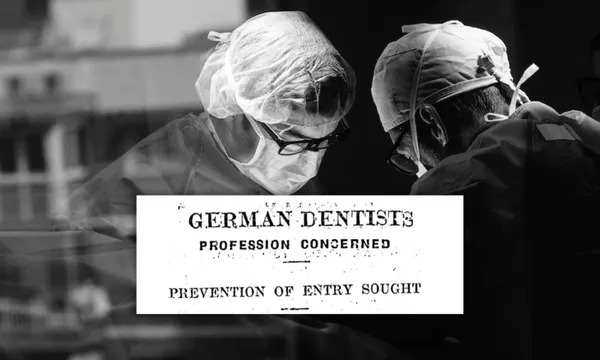 a black and white image of two surgeons with a headline from 1934 overlaid saying "german dentists profession concerned. prevention of entry sought'