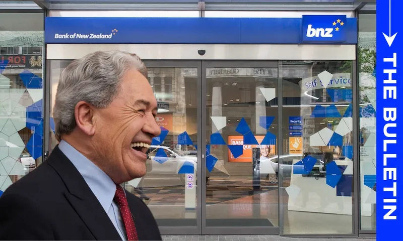 A man in a suit laughing is superimposed in front of a Bank of New Zealand (BNZ) branch, with "THE BULLETIN" written vertically on a blue bar to the right.