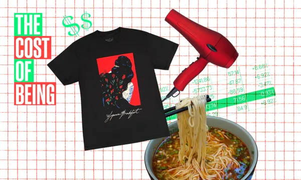 A collage with a black graphic T-shirt, a red hair dryer, and a bowl of ramen over math graphs. Green text on the left reads "THE COST OF BEING" with dollar signs. The background is white with a red grid pattern.