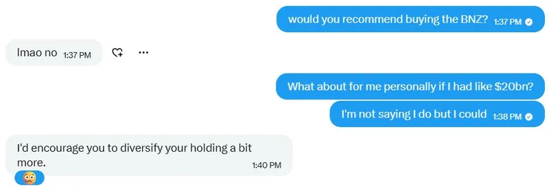 A chat exchange about investing: one person jokes "lmao no" to a question about buying BNZ, then another suggests diversifying holdings, ending with a worried face emoji. Blue and white chat bubbles are shown.