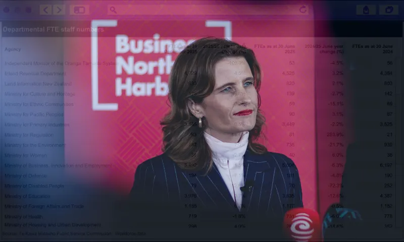 A woman in a pinstripe suit stands in front of a red backdrop with white text, partially overlaid by a transparent spreadsheet showing departmental staff numbers and a semi-transparent computer interface.