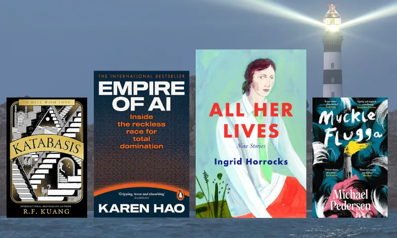Four books in a row with a photo of a lighthouse behind them.