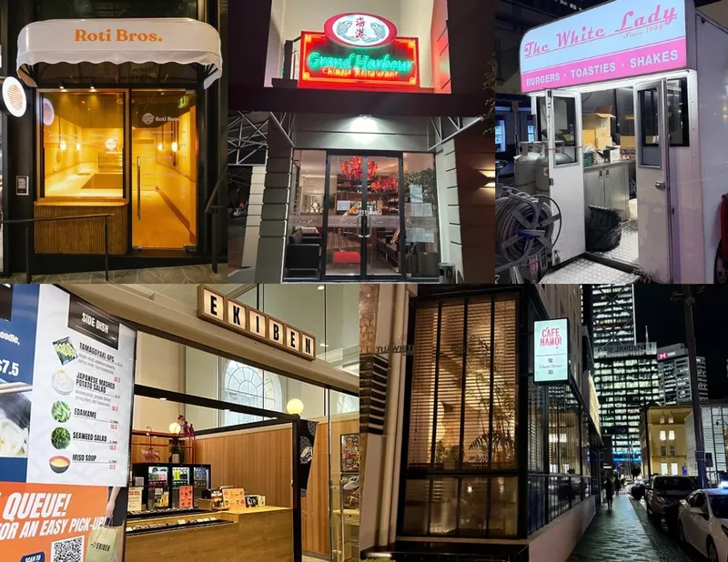 a compilation of five restaurant store fronts lit up with signs at night