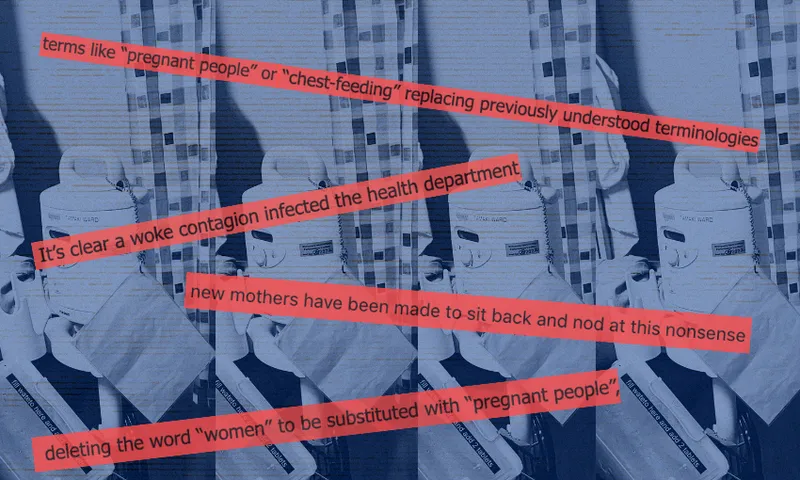 A blue-toned, repeated image of medical equipment and curtains with red highlighted quotes expressing criticism of inclusive language such as "pregnant people" and "chest-feeding" replacing traditional terms.