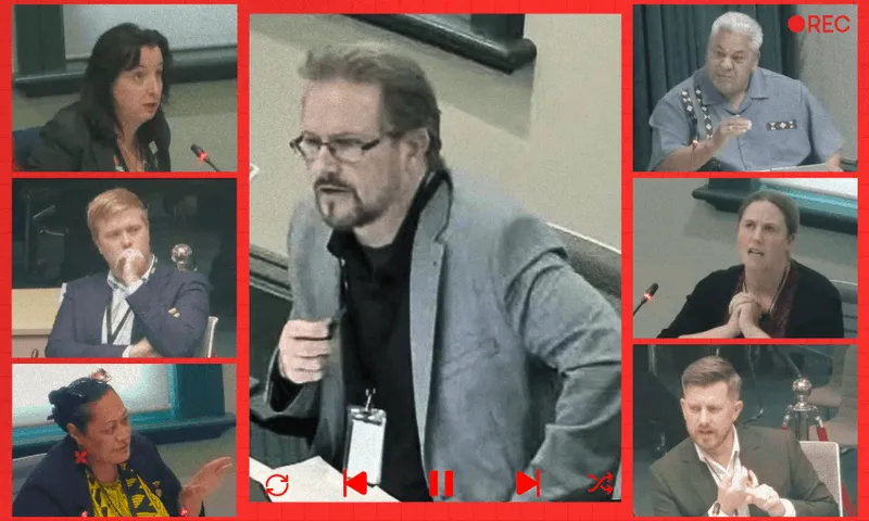 A collage of six people in a meeting, each in their own frame, around a central person standing and speaking. Video call interface icons and a red recording symbol appear on the borders.