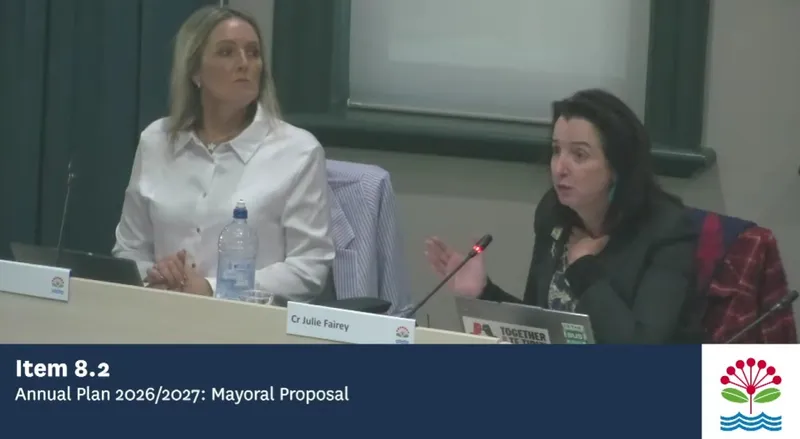 Two women sit at a meeting table, one speaking and gesturing while the other listens. A laptop, water bottle, and papers are visible. The screen reads "Item 8.2 Annual Plan 2026/2027: Mayoral Proposal.