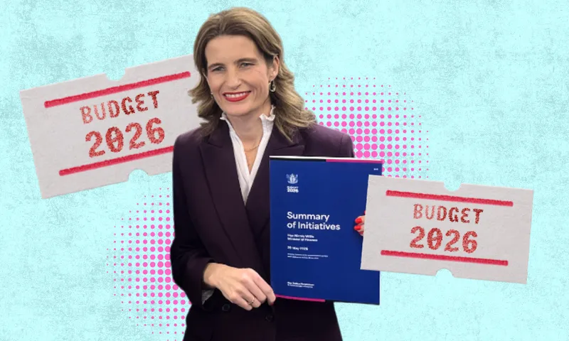A woman in a maroon suit holds a blue "Summary of Initiatives" booklet. Two red "BUDGET 2026" labels are shown on either side of her against a light blue, dotted background.