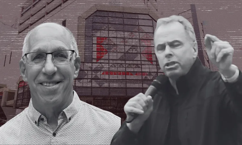 Two older men in the foreground, one smiling and wearing glasses, the other speaking into a microphone with a raised hand. A modern building with glass windows is in the background. The image has a muted, textured overlay.