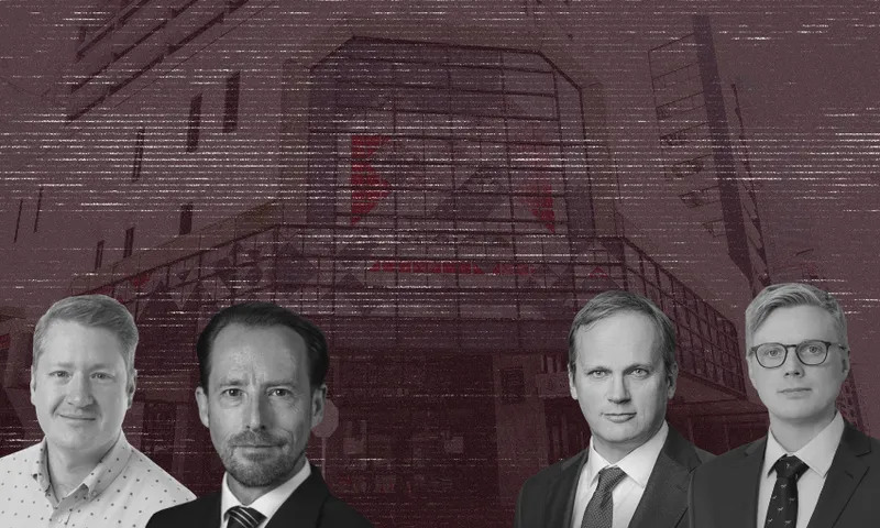Four men in suits and collared shirts, shown in black and white, are positioned in front of a dark, glitchy background featuring a modern building with large glass windows.