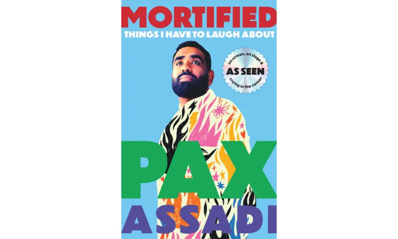 The cover of the book Mortified by Pax Assadi. It is brightly coloured and has the author on the front.