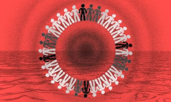 Illustration of a ring of people holding hands, with figures transitioning from white to black, set against a red, textured background with wavy lines, creating a sense of unity and contrast.