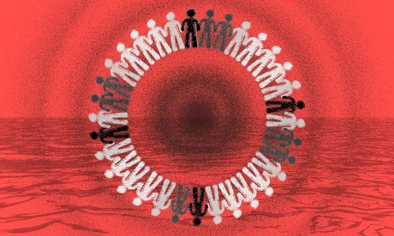 Illustration of a ring of people holding hands, with figures transitioning from white to black, set against a red, textured background with wavy lines, creating a sense of unity and contrast.