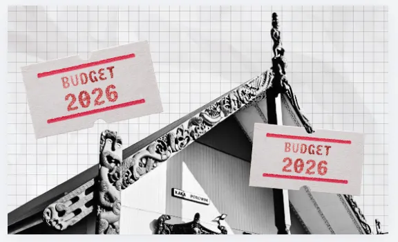 A grayscale image of a traditional building roof with ornate carvings, overlaid with two white cards labeled "BUDGET 2026" in red text on a grid-patterned background.