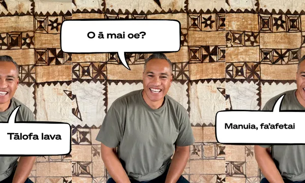 An image of Jason Tiatia smiling and tripled with speech bubbles coming from each of him with Sāmoan phrases.