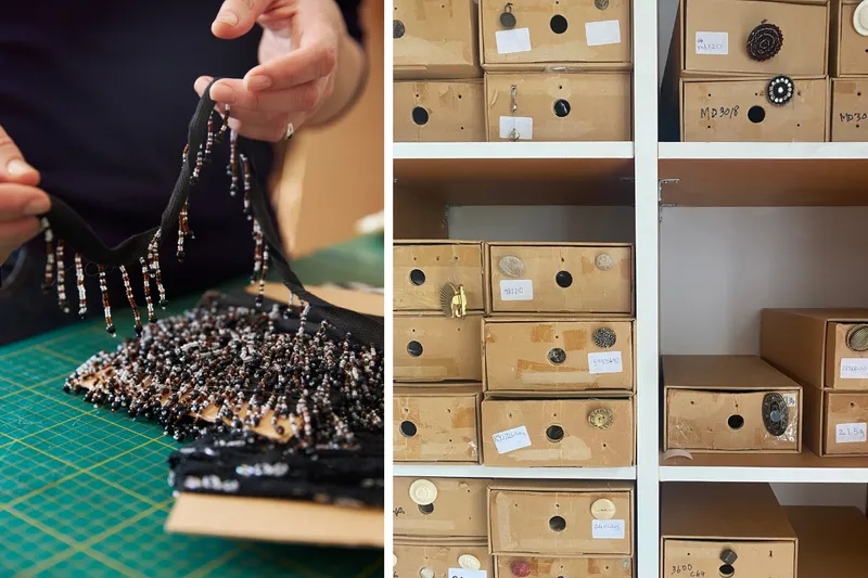 Beaded trim at the Penny Sage workroom, buttons at Savant Pacific