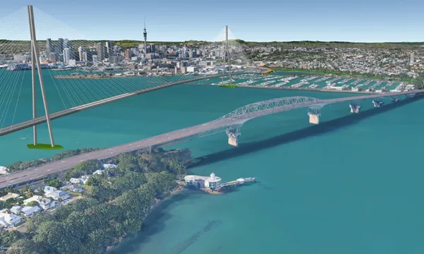 A digital rendering shows a proposed cable-stayed bridge alongside the existing Auckland Harbour Bridge, with the city skyline, marina, and turquoise water visible in the background.