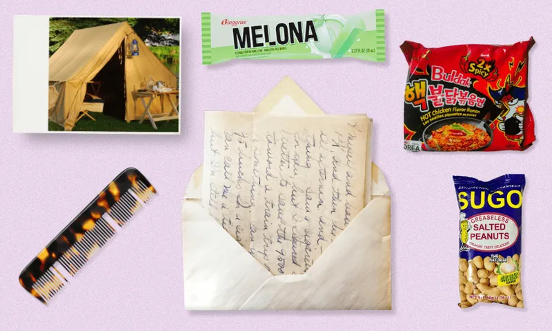 A selection of items arranged like a drawer of artefacts: there's a letter. snack foods, a compb and a tent.