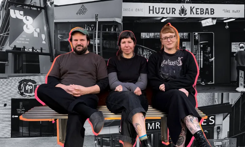a man and two women sit on a wooden bench overlaid on a black and white collage of various restaurant shopfronts