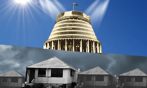 A split image shows the New Zealand Beehive building under a bright blue sky above, and a row of dark, gloomy houses beneath, contrasting government and housing environments.