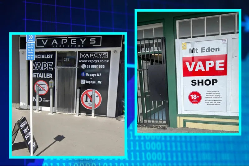 Vape stores with signs about age and other restrictions