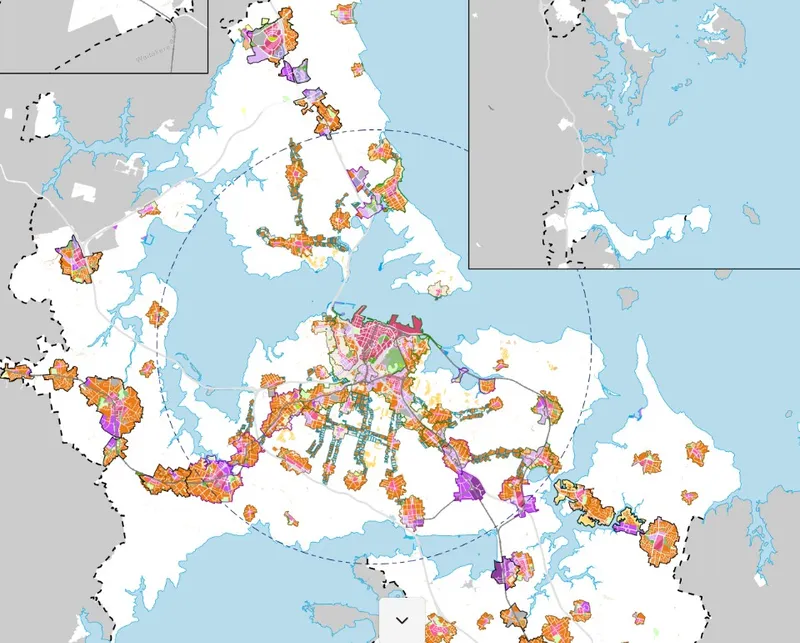 Map showing Copenhagen and surrounding areas with color-coded zones, outlined regions, transportation lines, and key urban areas highlighted in various colors, illustrating the city's urban and regional structure.