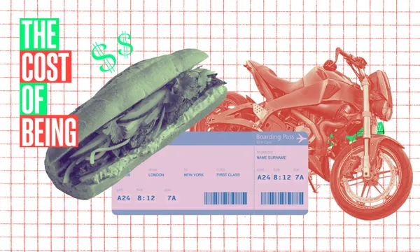 a grid template with three images: a banh mi sandwich, a plane ticket and a motorcycle