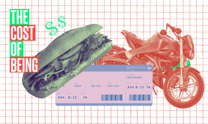 a grid template with three images: a banh mi sandwich, a plane ticket and a motorcycle
