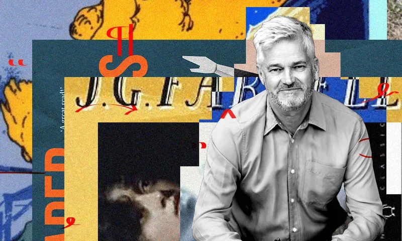 A black and white phot of the writer Nick Sceats who is a middle aged man. Behind him is a collage of book covers.