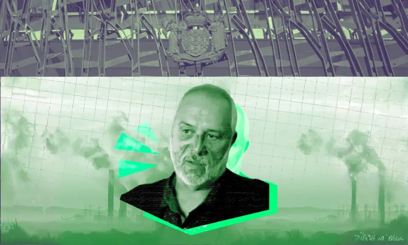 A digital collage shows a serious-looking man in grayscale surrounded by green tones, with industrial smokestacks emitting smoke in the background and a geometric pattern overlay. At the top, there is an ornate crest and abstract structures.
