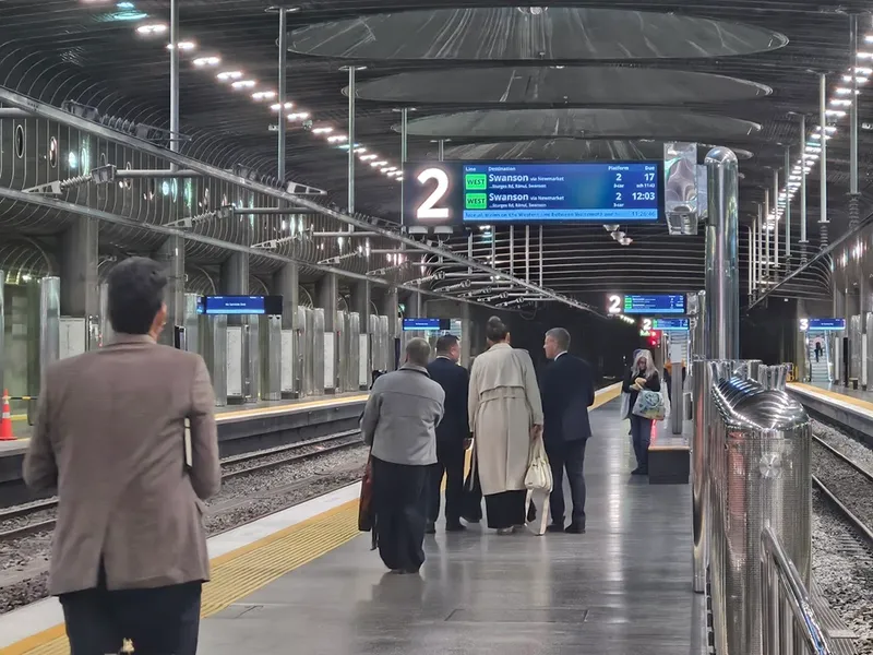 Passengers stand and walk along a modern, well-lit train platform with curved ceilings and electronic signs displaying departures. Some people are dressed formally, and tracks run alongside the platform.